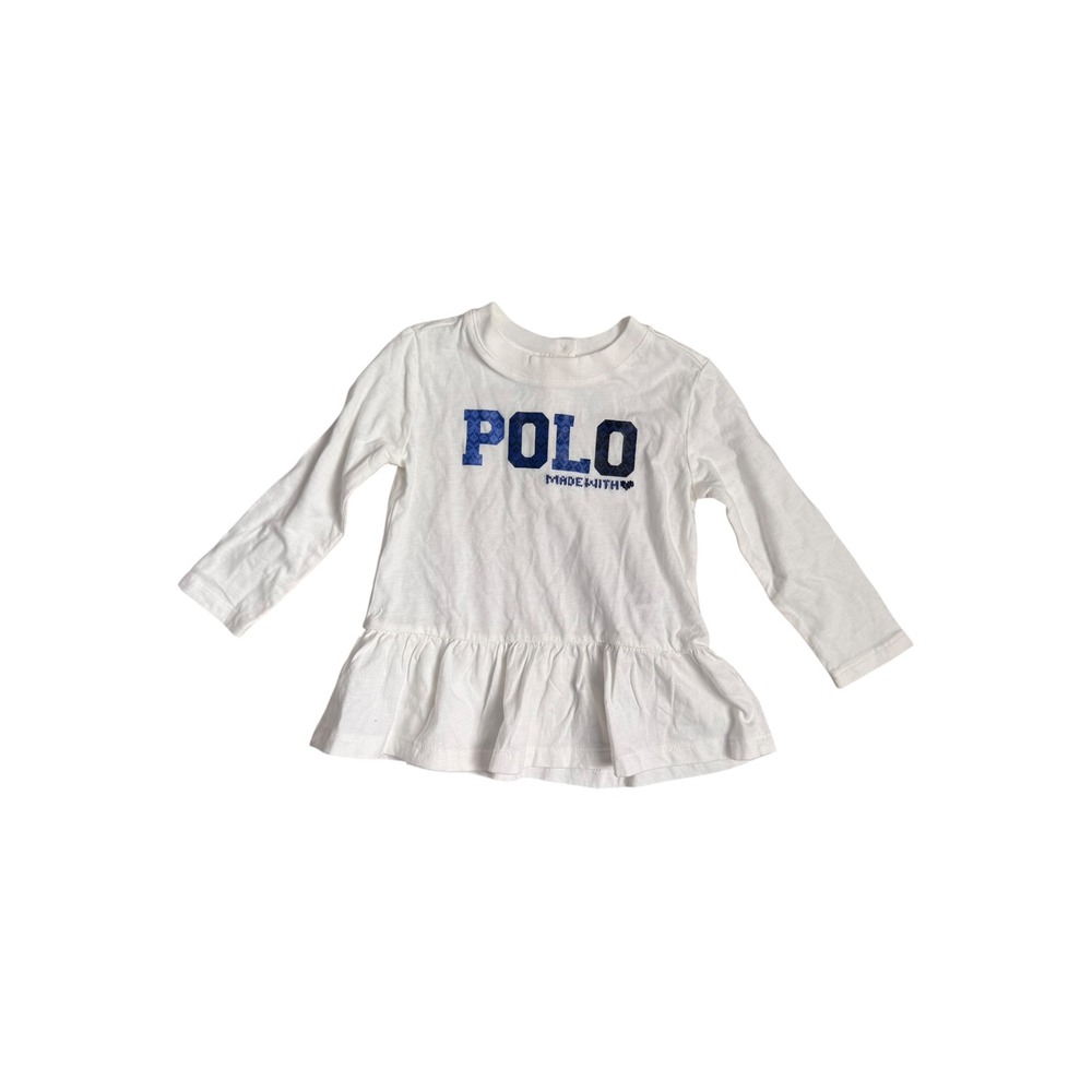 Polo Ralph‎ Lauren Baby Girls White Long Sleeve Ruffle Peplum Logo Shirt 12m